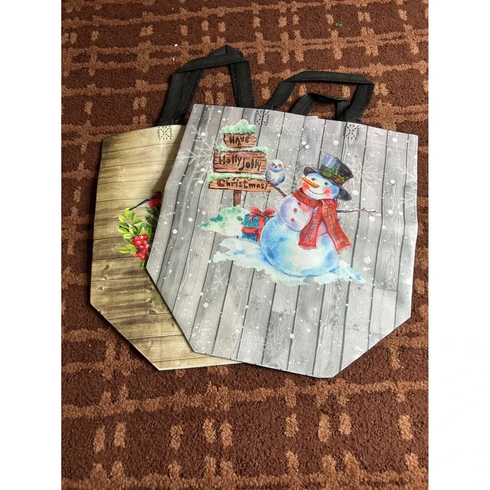 Christmas Reusable Shopping Bags Set of 2 Santa Snowman‎ Holiday Totes Non-Woven